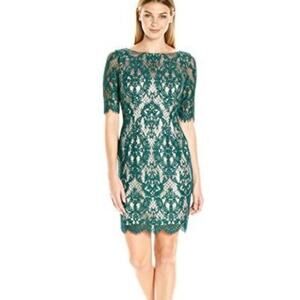 Anthropologie x Eliza J 4 Lace Overlay Bodycon Mini Dress Short Sleeve Green S